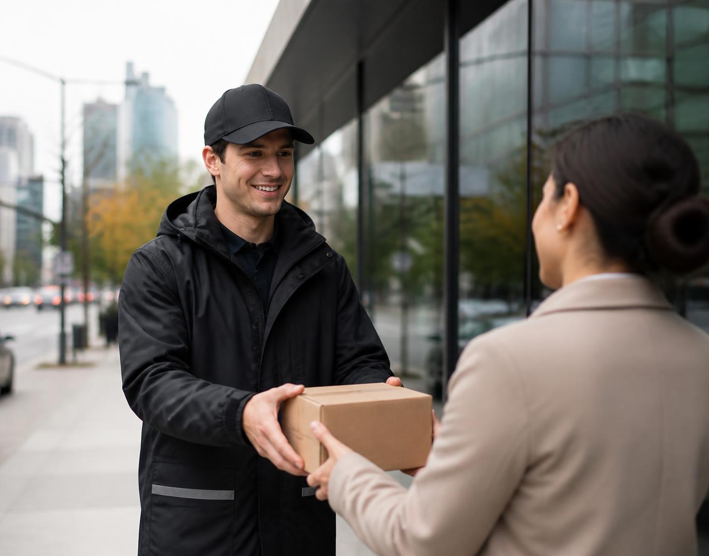GoGo-Next courier handing a package to a customer in Vancouver