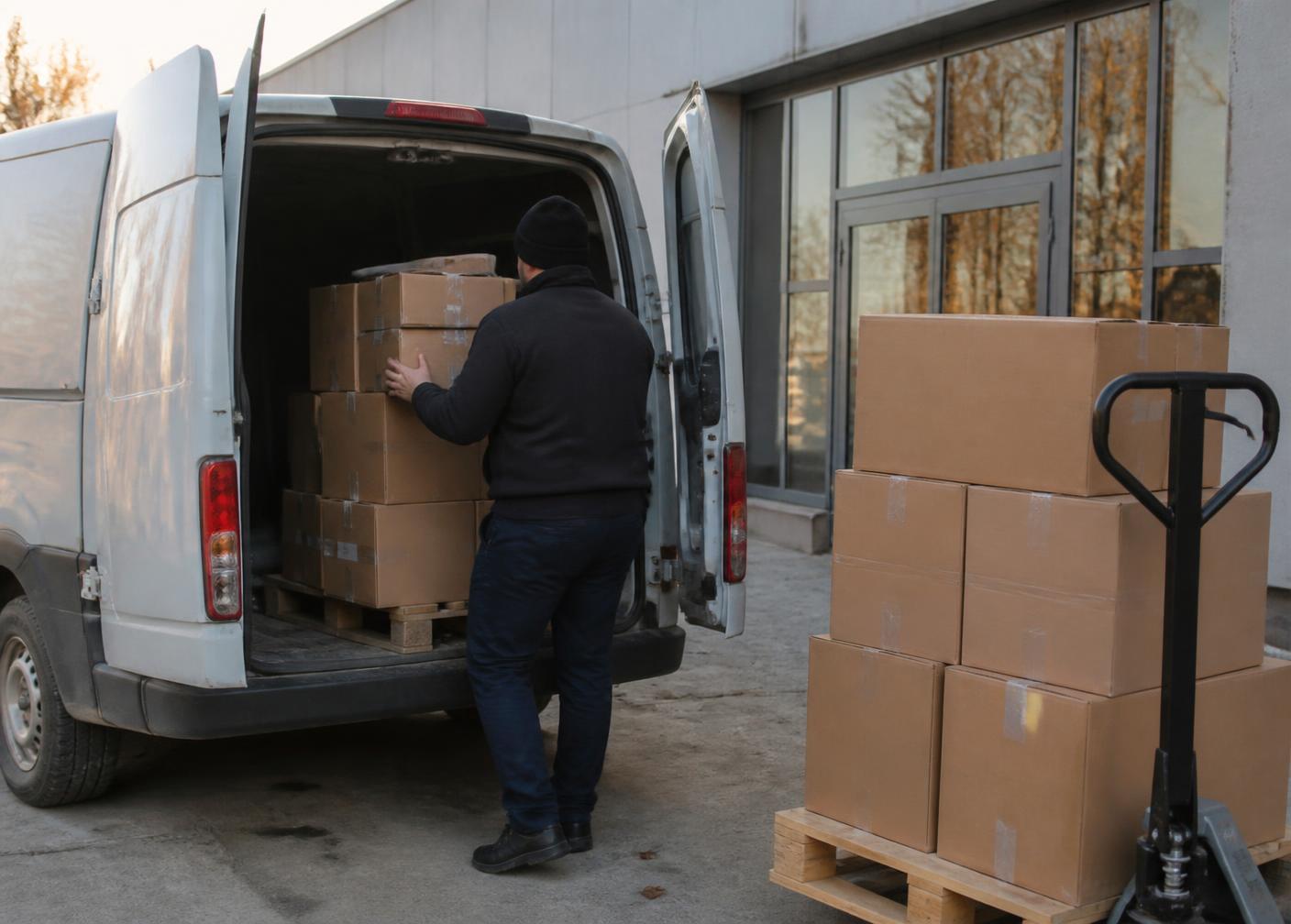 Driver loading business freight into a cargo van
