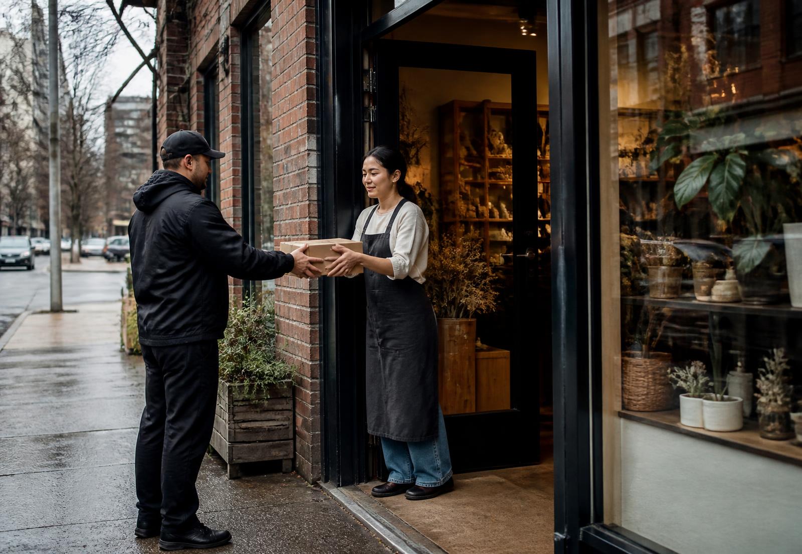 Courier handing a parcel to a Vancouver boutique owner