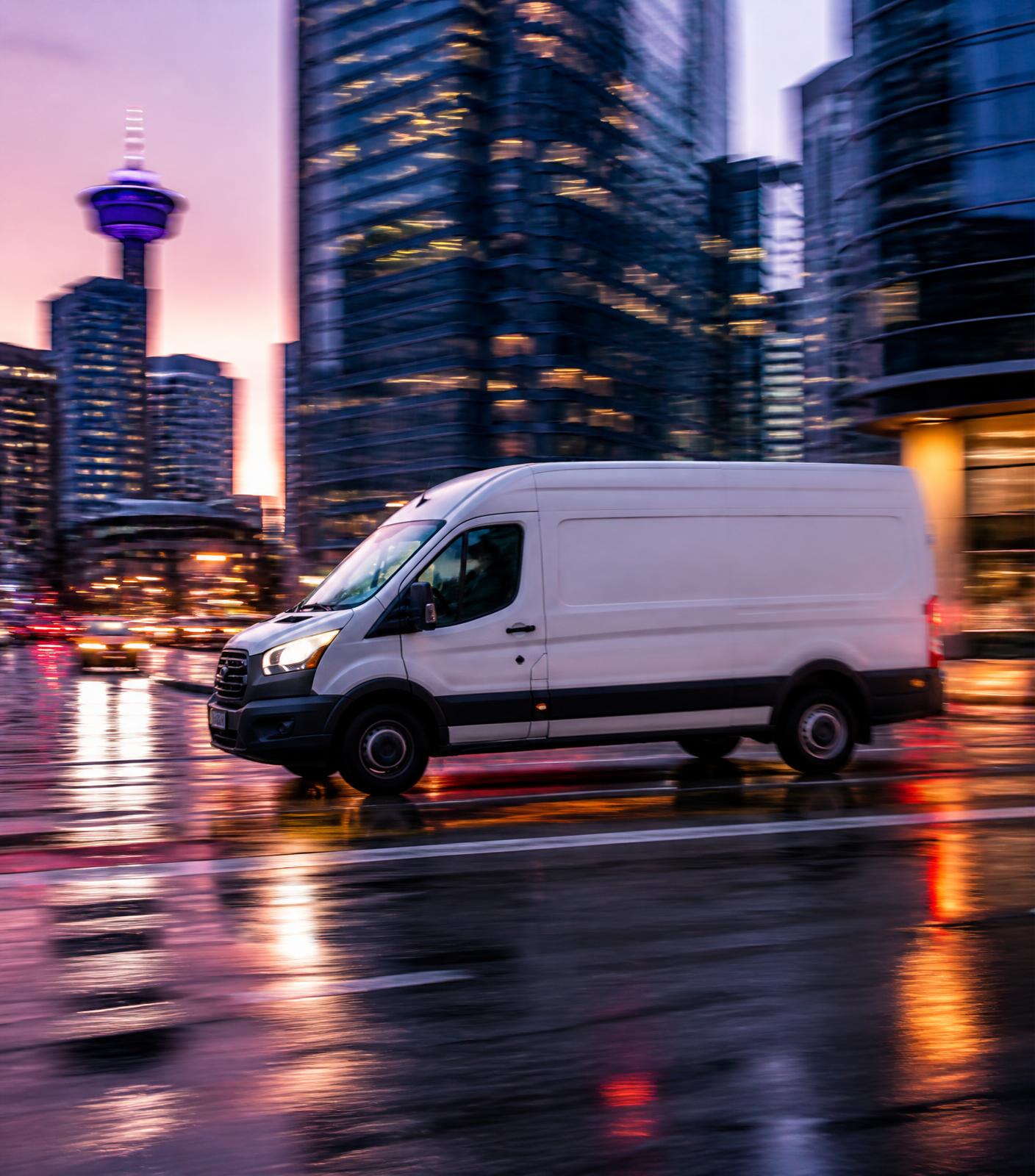 Delivery van on a Vancouver street at dusk
