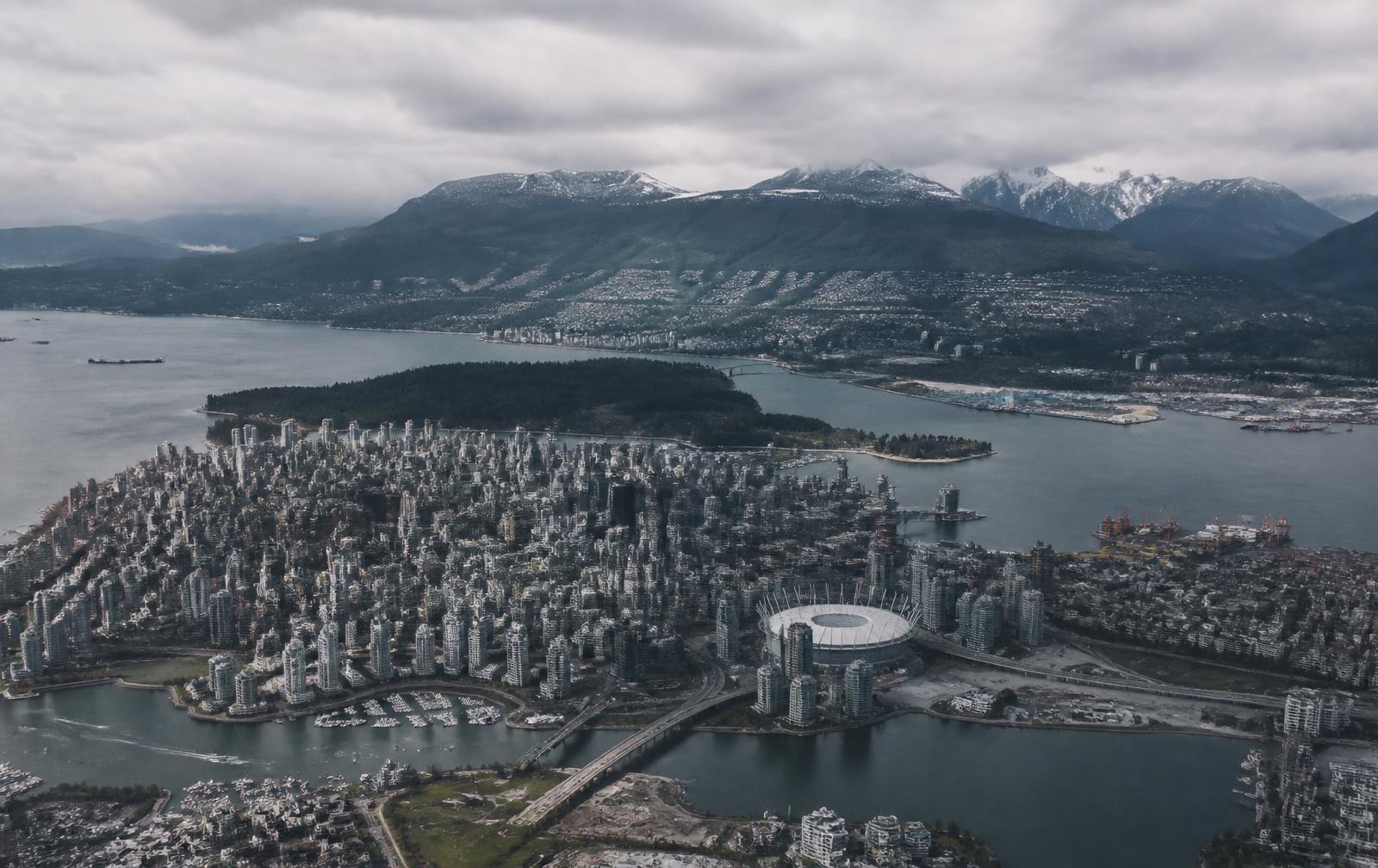 Aerial view of Greater Vancouver with the city, bridges and North Shore mountains